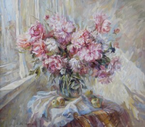 Пионы в лучах солнца, холст, картина маслом