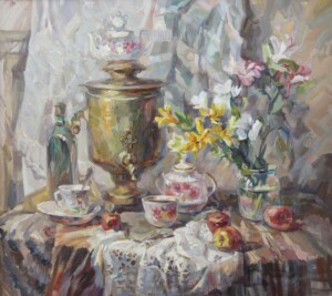 Натюрморт с самоваром, чайный сервиз, холст, масло, 2018