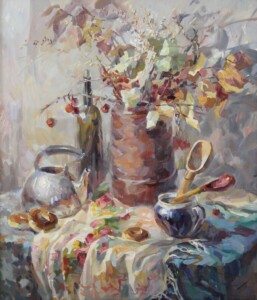 Баранки, осенние листья, Деревенский натюрморт, холст, масло