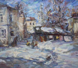 Деревенский пейзаж. Зима. Снег. Санки.